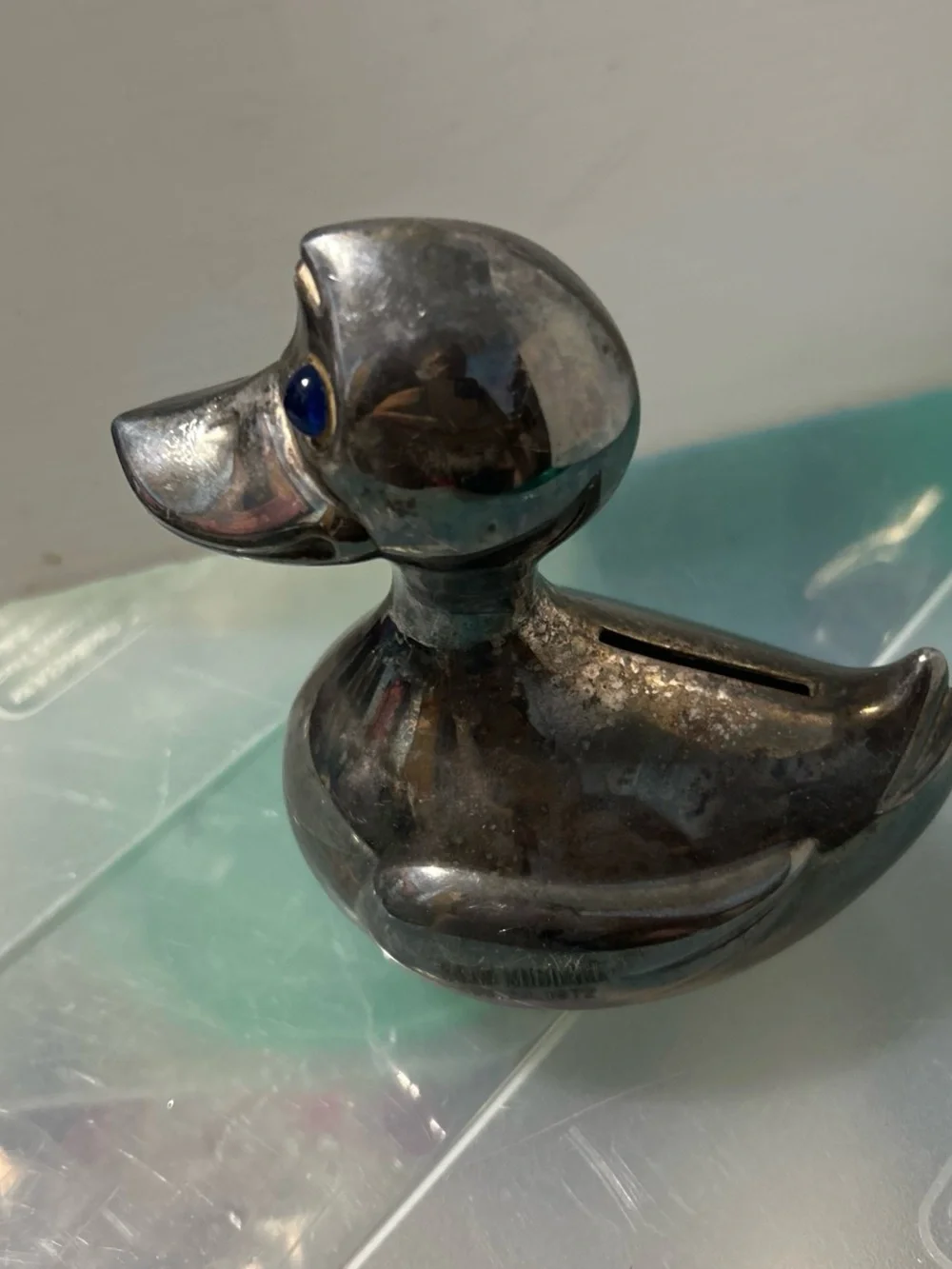 Silver Duck Coin Bank with Blue Accent Eyes